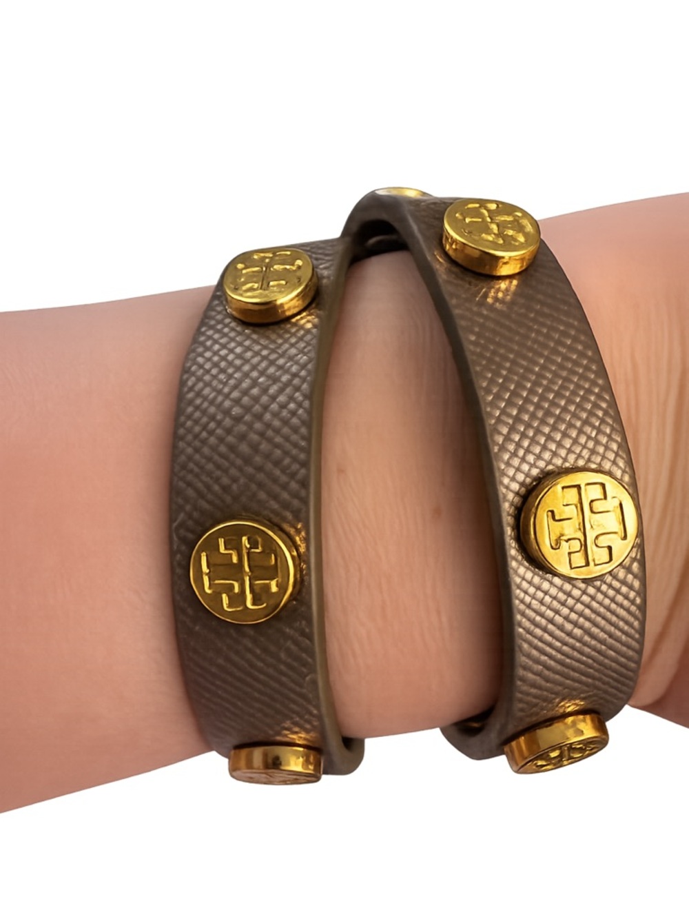 Tory Burch Double Wrap Logo Stud Bracelet - Taupe & Gold